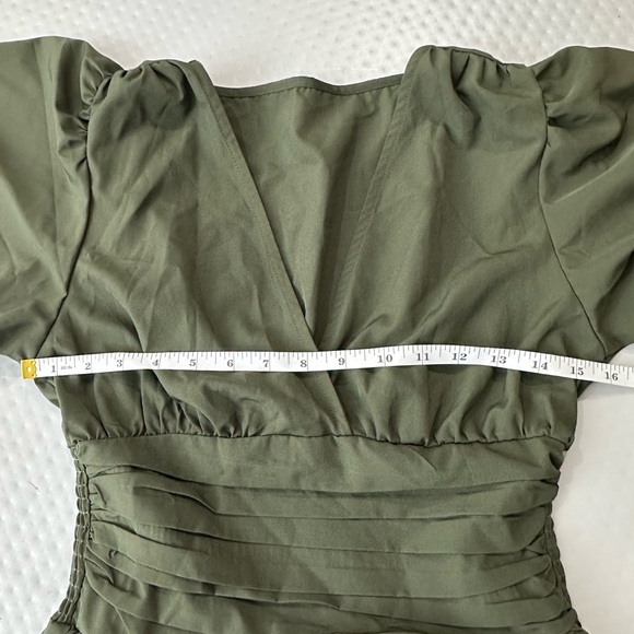Olive Army Green V-Neck Flutter‎ Sleeve Ruched Waist A-Line Mini Dress small - Picture 14 of 15